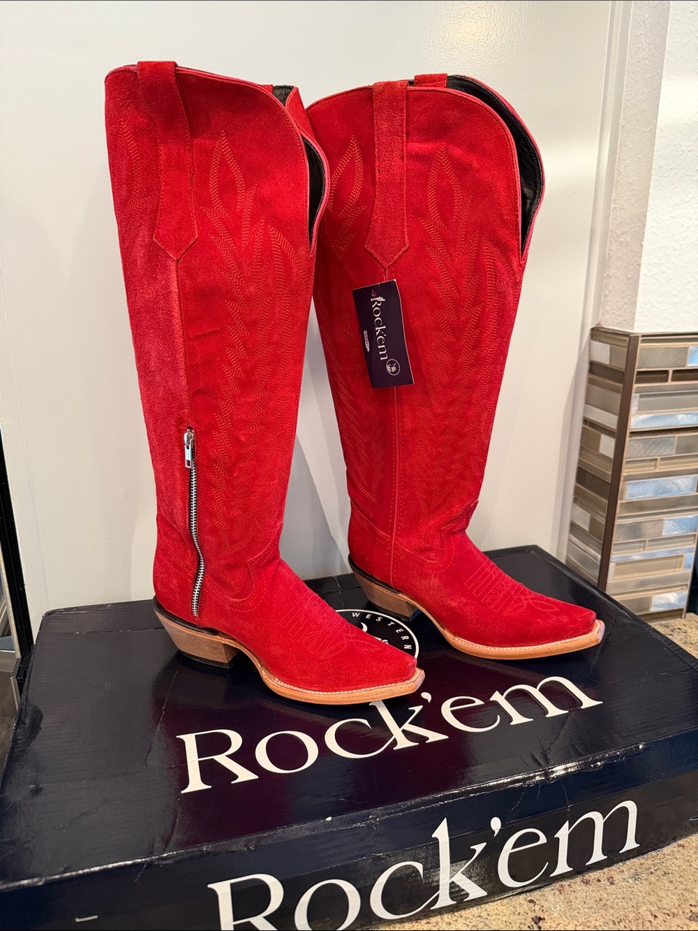 Rock'em Gia Red Suede Tall Wide Calf NIB